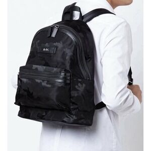 Michael Kors Men's Kent Black Camouflage Nylon Jacquard Large Backpack in Black